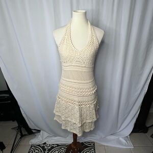 ✨ MODA International Cream Crochet Halter Dress Boho Festive Mini Dress - Medium